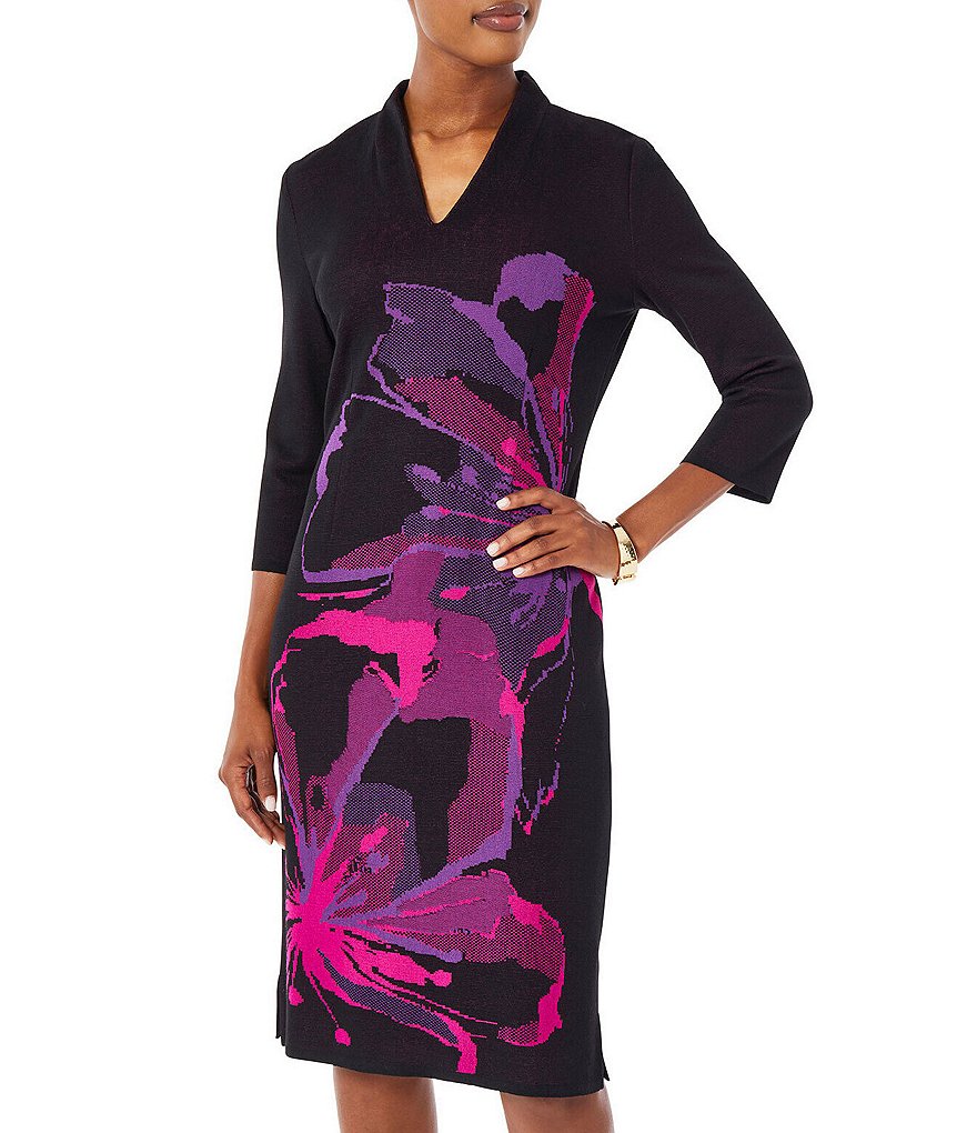Ming Wang Bold Floral Jacquard Knit V-Neck 3/4 Sleeve Dress