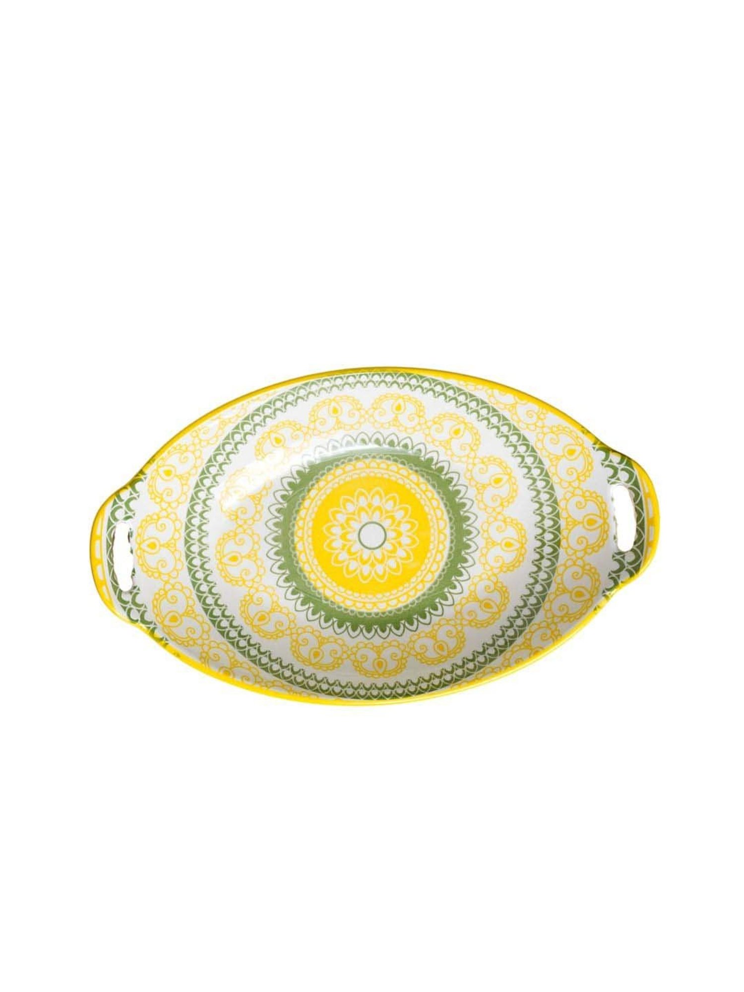 Nestasia Yellow and Green Mandala Ceramic Long Dish With Handles For Serving Snacks (10.8 Inch)