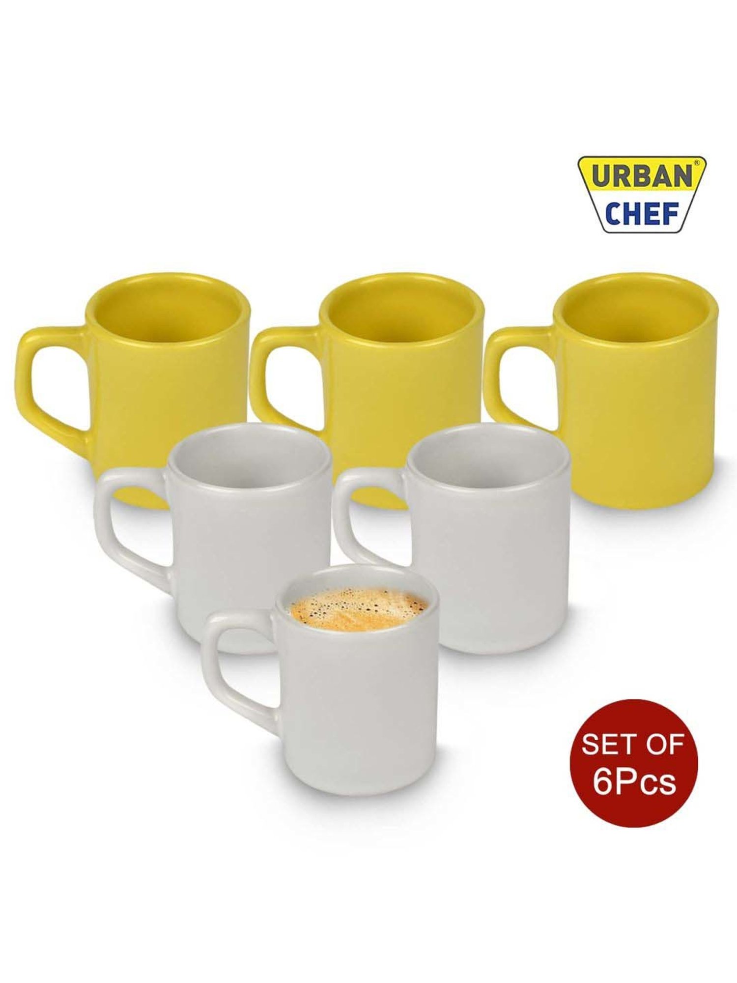 Urban Chef White & Yellow Ceramic Droite Handcrafted Microwave Safe Cup - Set of 6
