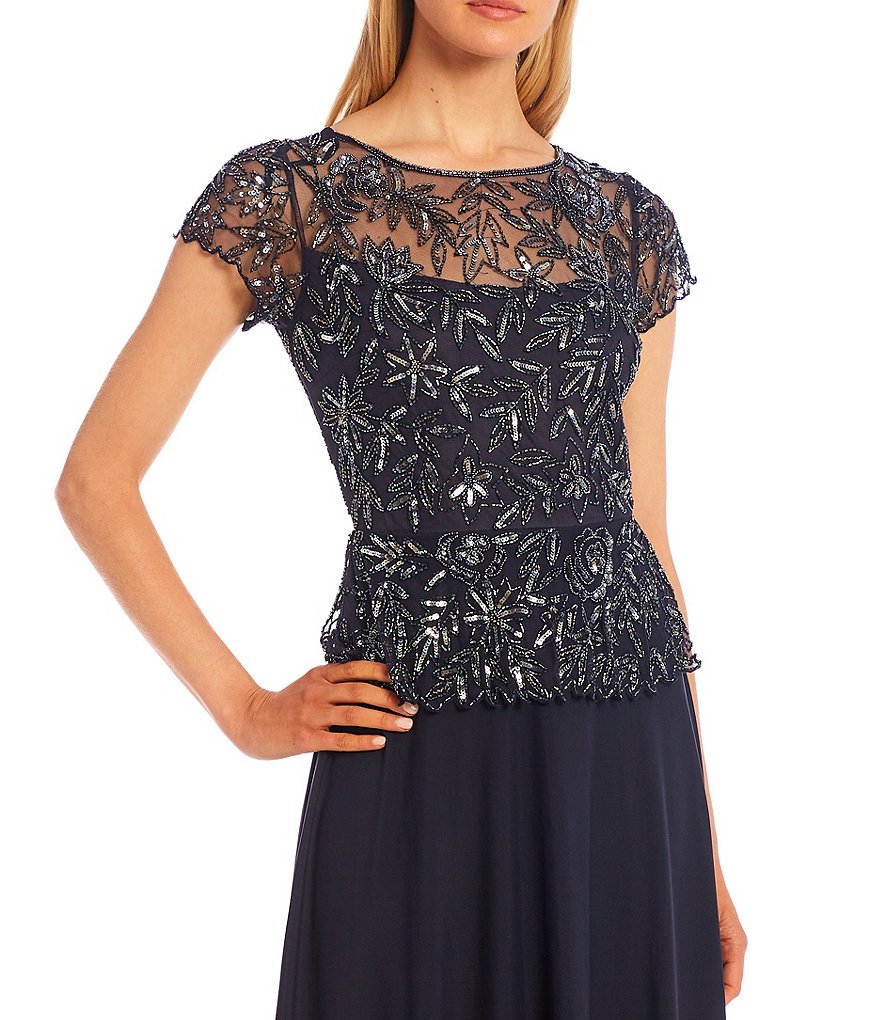 Pisarro Nights Floral Short Sleeve Round Neck Beaded Bodice A-Line Long Chiffon Gown