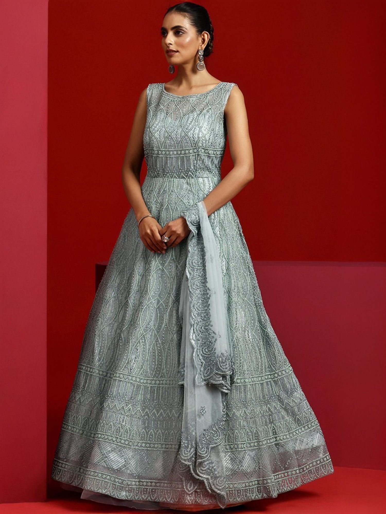 Libas Art Green Embellished Maxi Dress With Dupatta