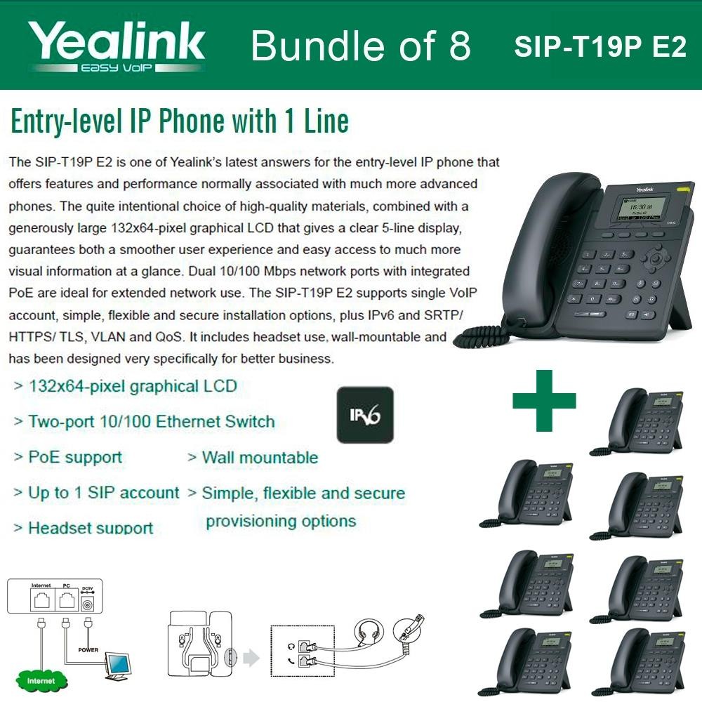 Yealink T19P E2 8-PACK VoIP Phone with 1 Line, PoE support Dual 10/100 Mbps