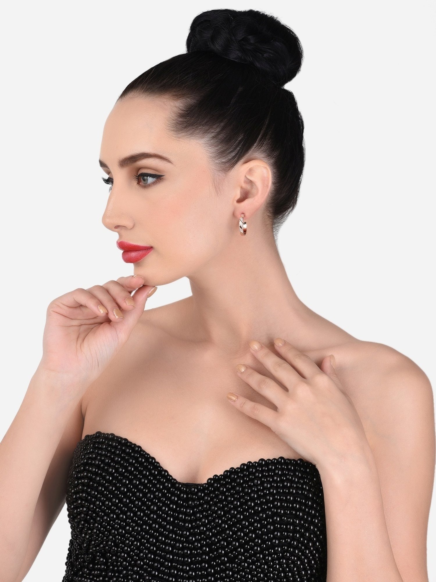 Zaveri Pearls Set of 2 Rose Gold Cubic Zirconia Contemporary Semi Hoop Earrings - ZPFK13364