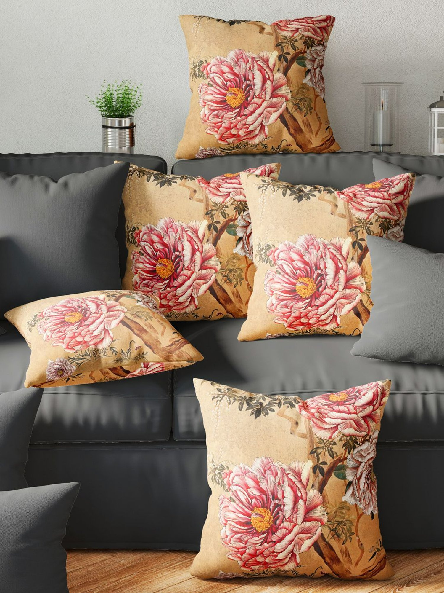 Bianca Beige & Pink Digitally Printed Cushion Cover - Set Of 5