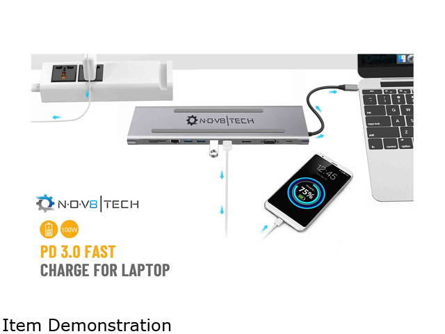 NOV8Tech USB C Docking Station Hub Type C Adapter Dock for MacBook & All USB C Devices 11-in-1 Dual Screen 4K HDMI & VGA, USB C 100W Power Delivery, RJ45 Ethernet, 3.5mm Audio, SD/Micro SD, 4x USB 3.0