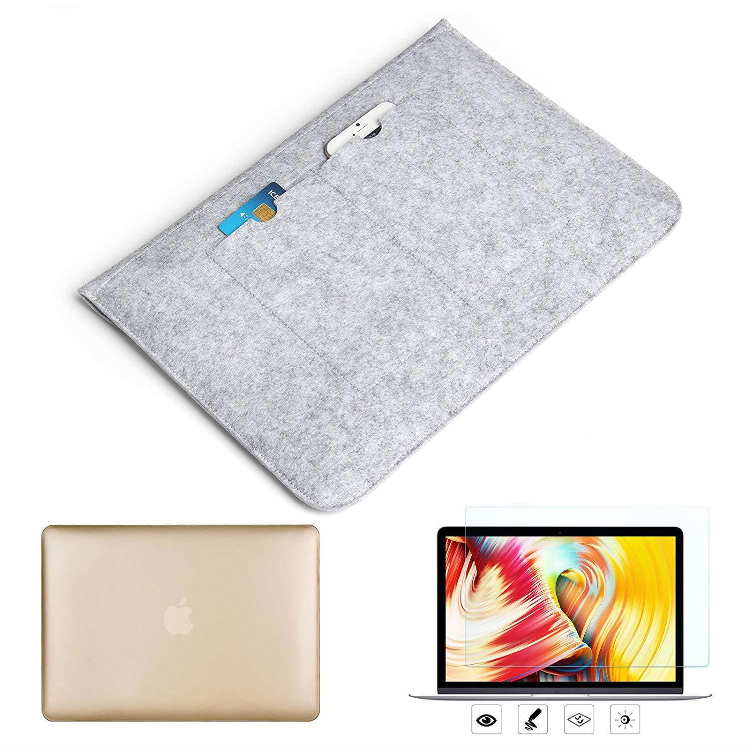 MacBook Pro 15"(2016 & 2017 Release) Hardshell Case & Felt Sleeve[5 in 1 Bundle] with Screen Protector,Keyboard Cover & Dust Plug for Latest MacBook Pro 15" A1707 w/Touch Bar Touch ID - Gold