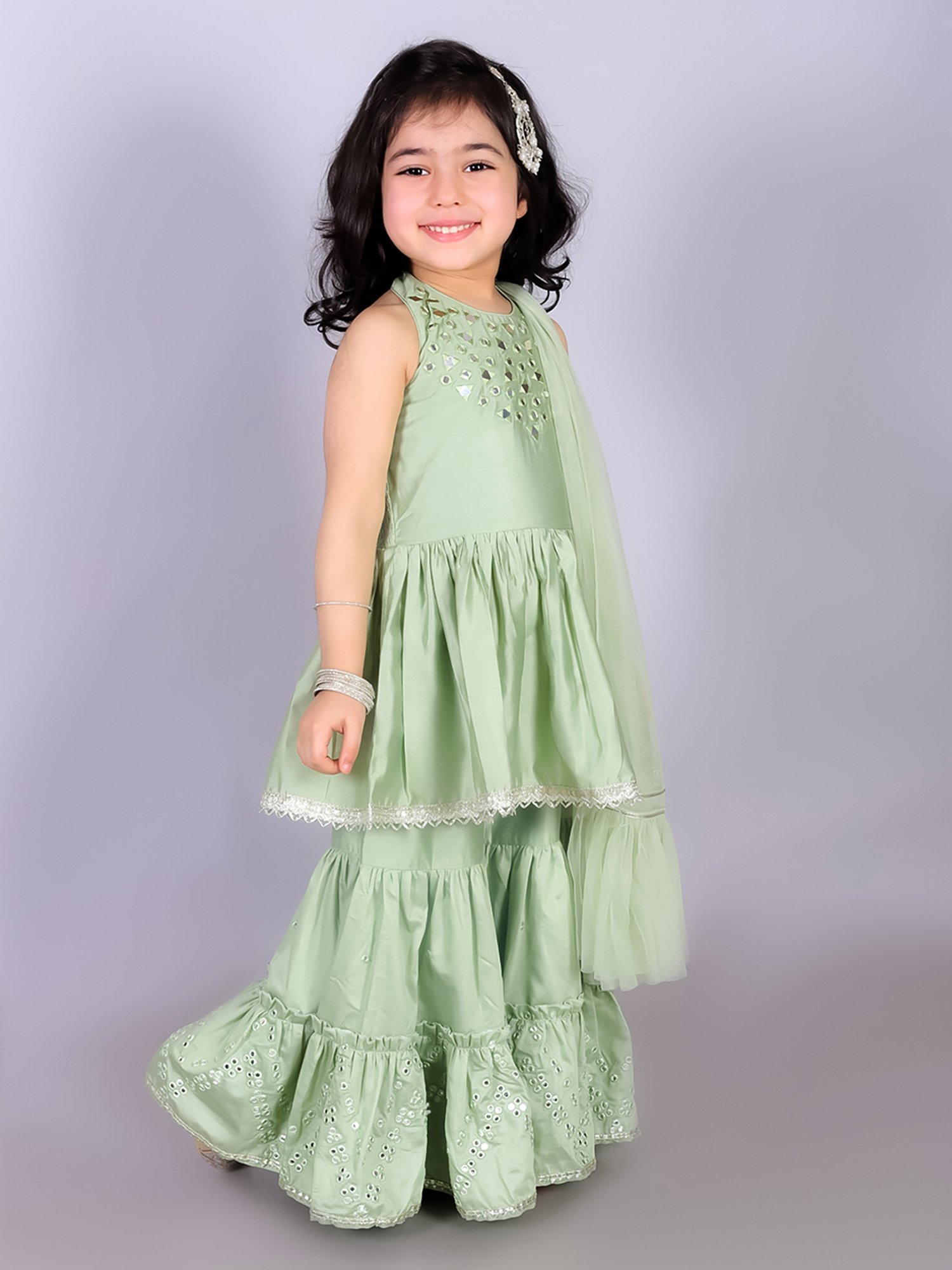 Lil Drama Kids Green Embellished Kurta, Gharara with Dupatta