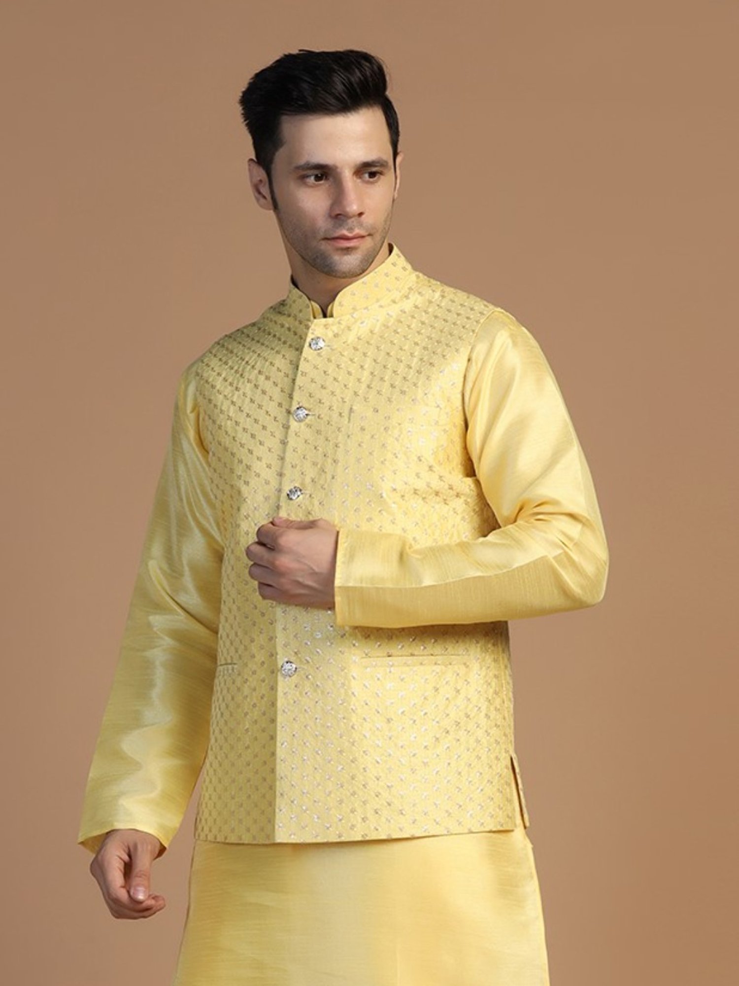 TAHVO Yellow Regular Fit Embroidered Nehru Jacket