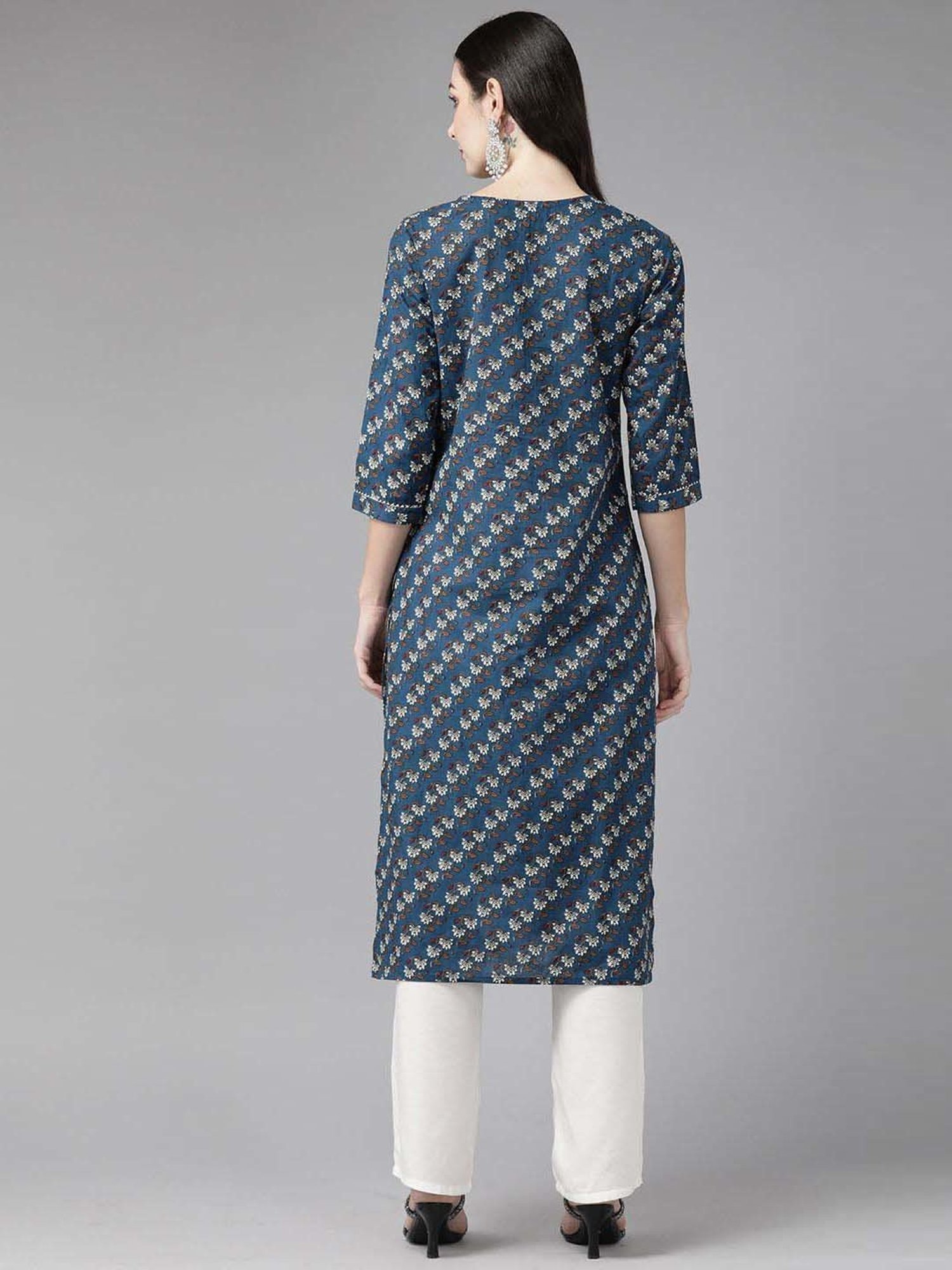 Cayman Blue Cotton Floral Print Straight Kurta