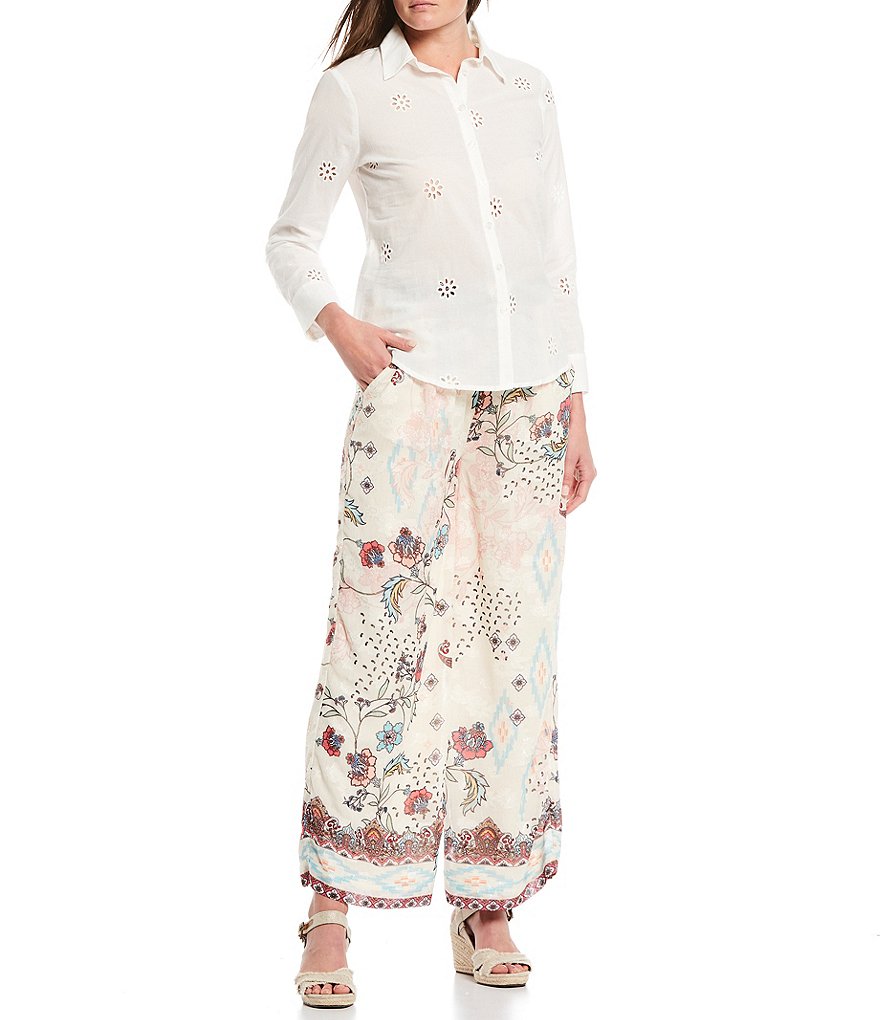 Reba Embroidered Eyelet Button Front Spread Collar Long Sleeve Shirt