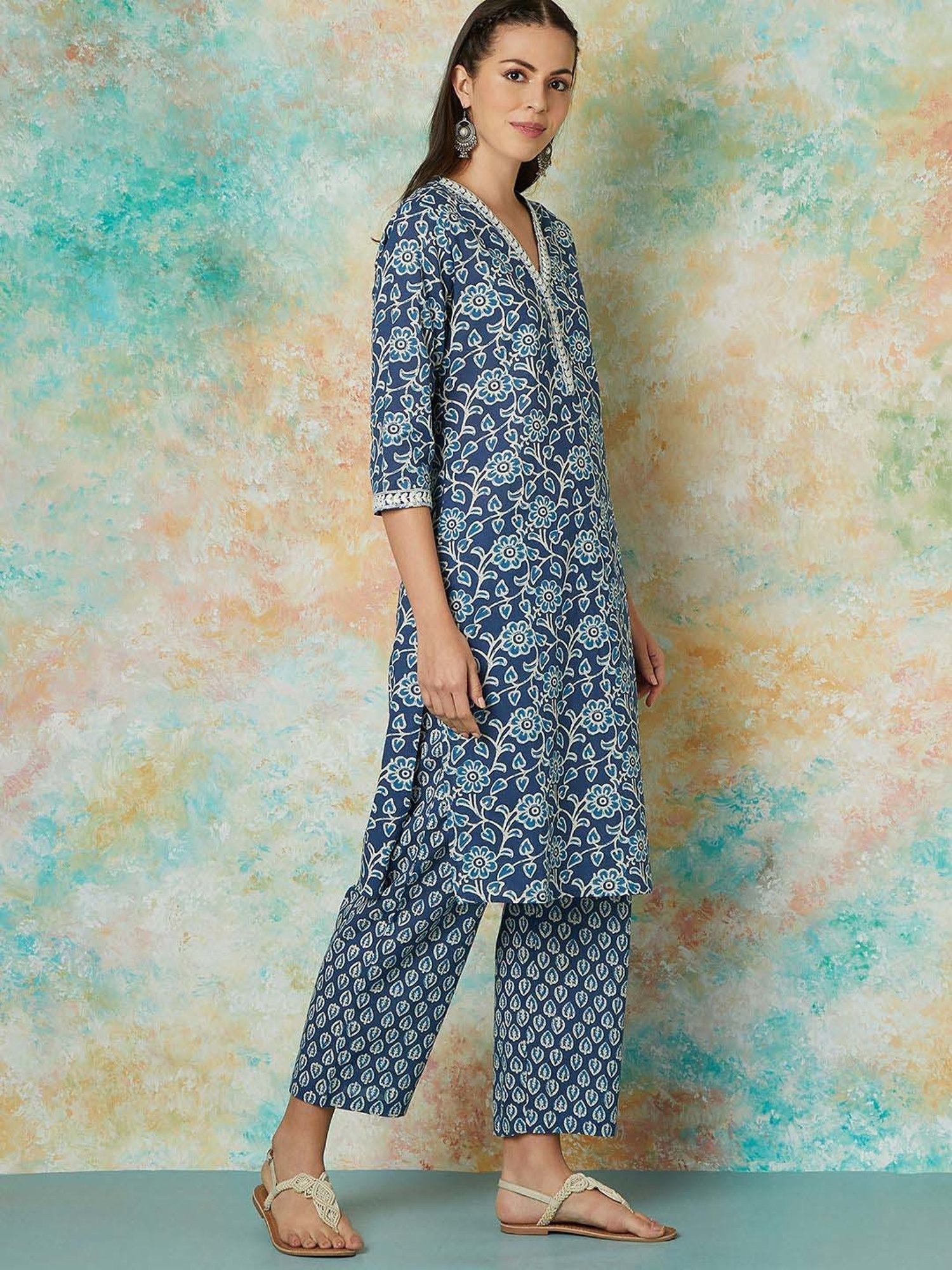 Melange by Lifestyle Blue Cotton Printed Kurta & Pant Set