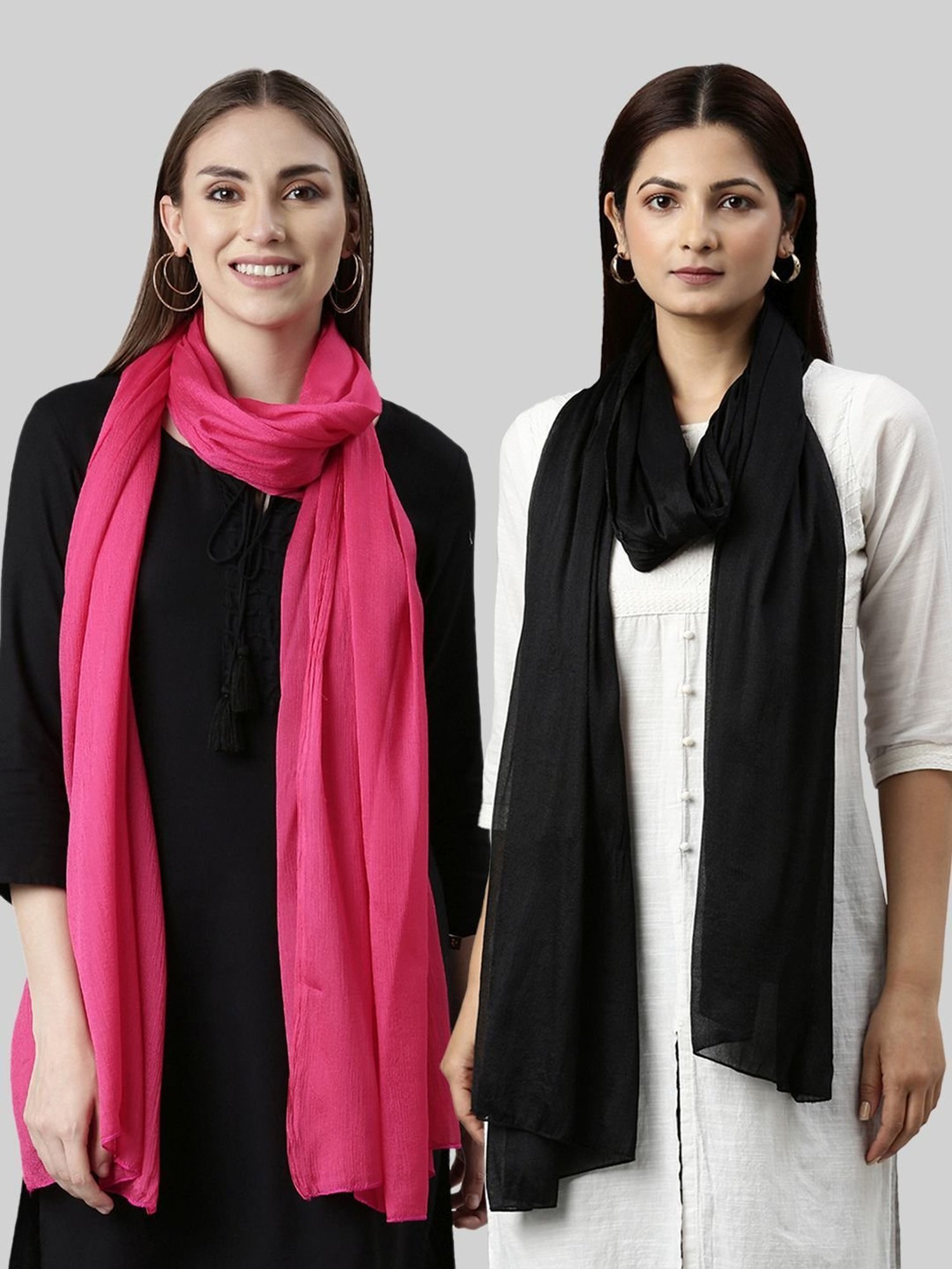 TWIN BIRDS Pink & Black Plain Dupatta - Pack Of 2