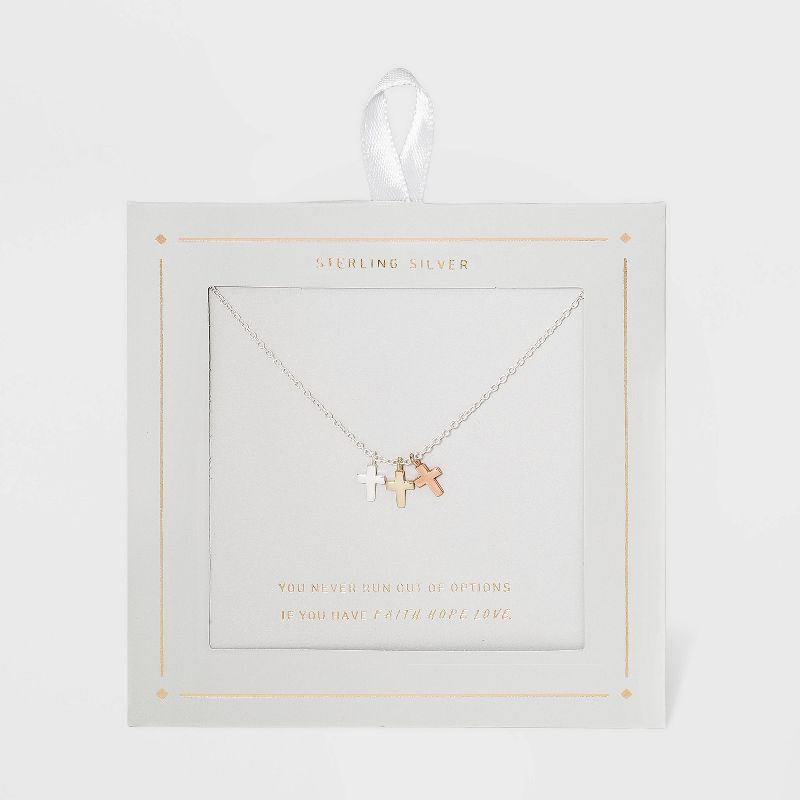 Sterling Silver Triple Cross Tri Tone Necklace - Silver