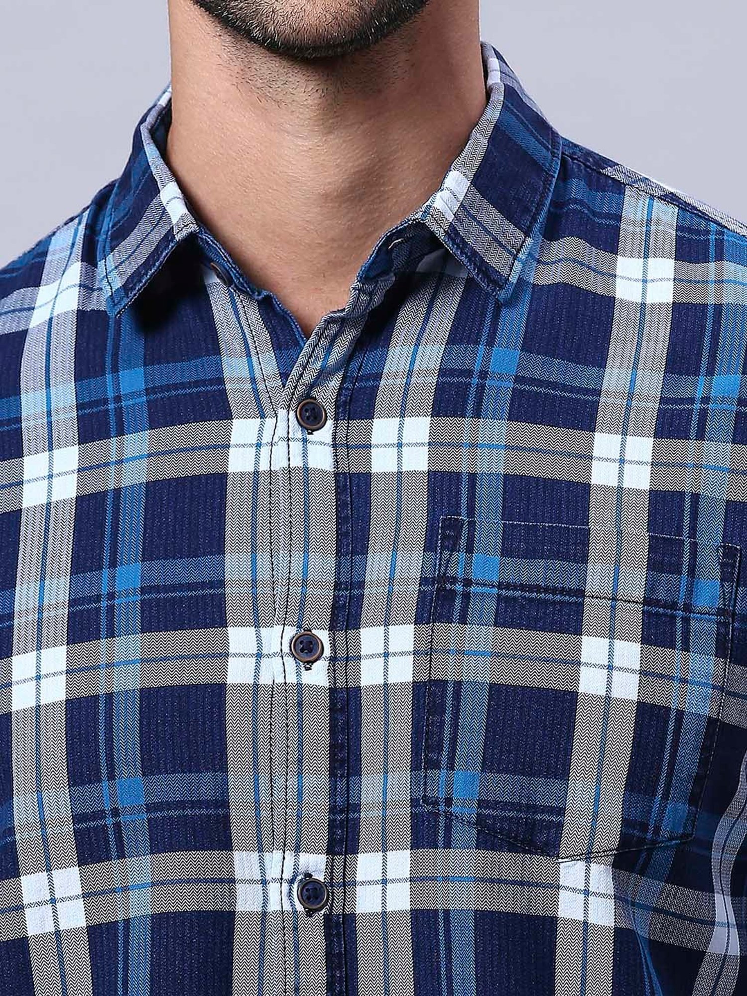 HJ HASASI Blue Slim Fit Check Cotton Shirt
