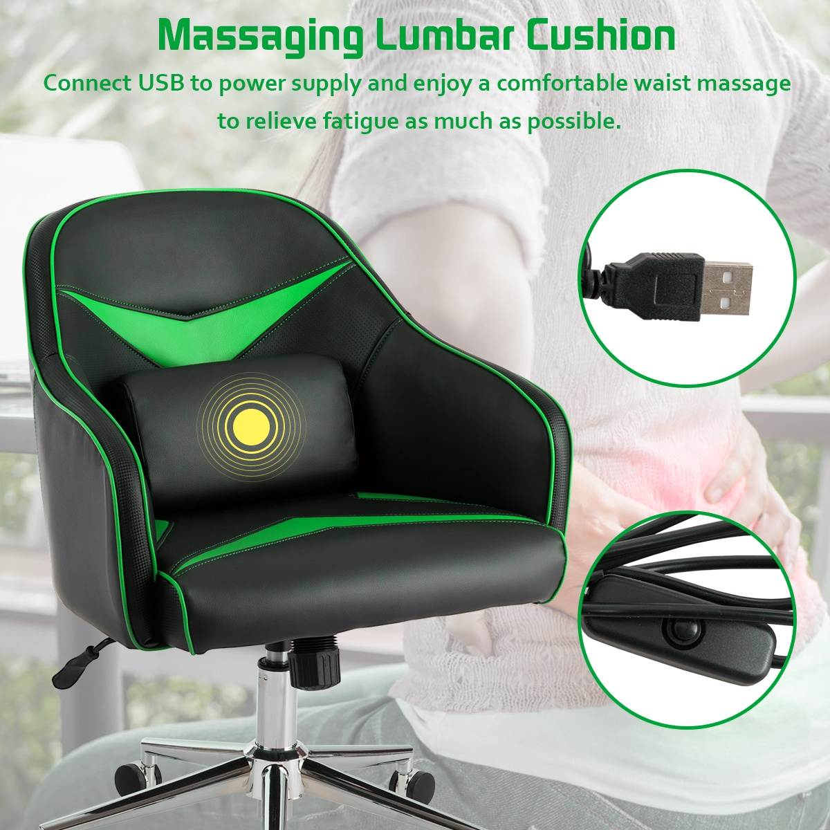 Costway Office Chair Task Desk Swivel Adjustable Height w/ Massage Lumbar Support Green