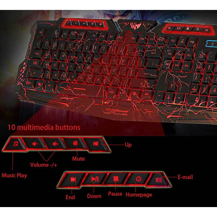 3 Colors Crack Illuminated LED 114-Key Backlight USB Wired PC Gaming Keyboard CA