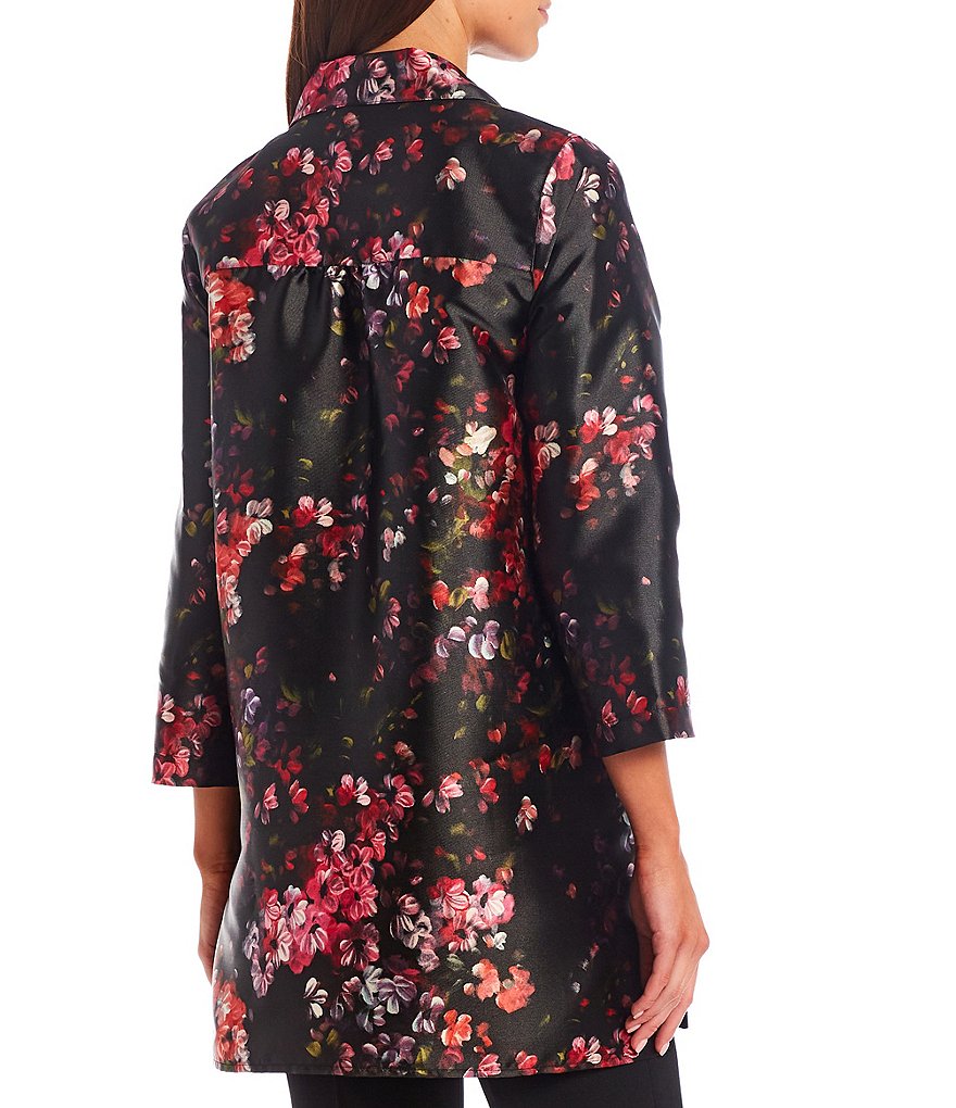 Caroline Rose Gem Garden Floral Print Point Collar Neck 3/4 Bracelet Sleeve Shirt Jacket