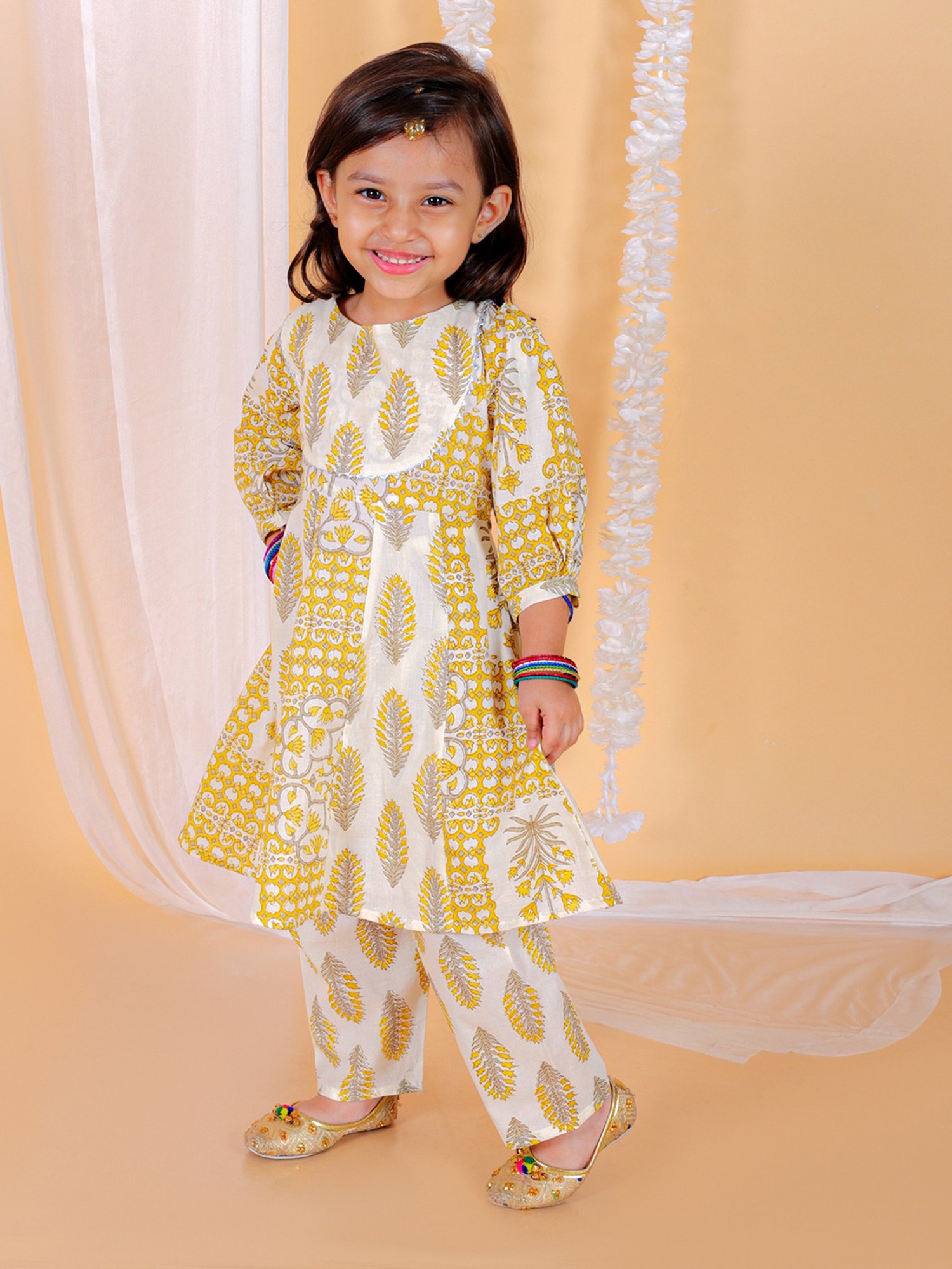 The Mom Store Kids Yellow Floral Print Anarkali Kurta with Pants