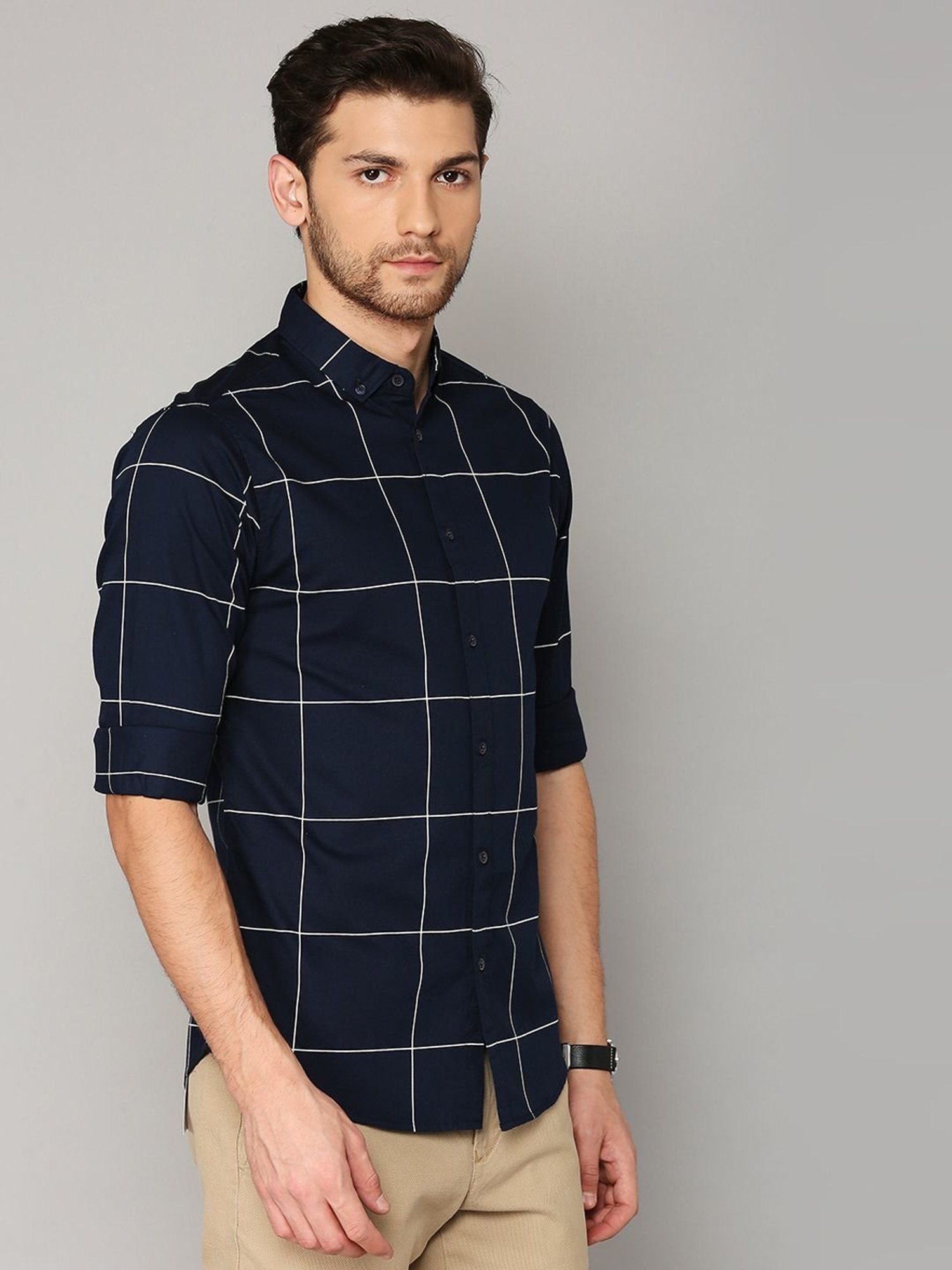 Dennis Lingo Navy Cotton Slim Fit Checks Shirt