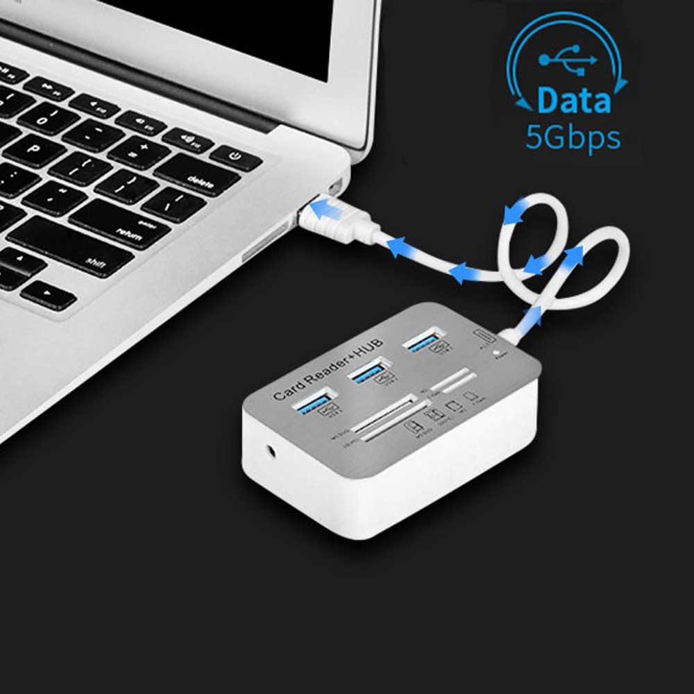 DOZCELL USB3.0 Card Reader and 3 Ports USB Hub, High Speed External Memory Card Reader (MS, Micro SD,SD/MMC,M2,TF Card)