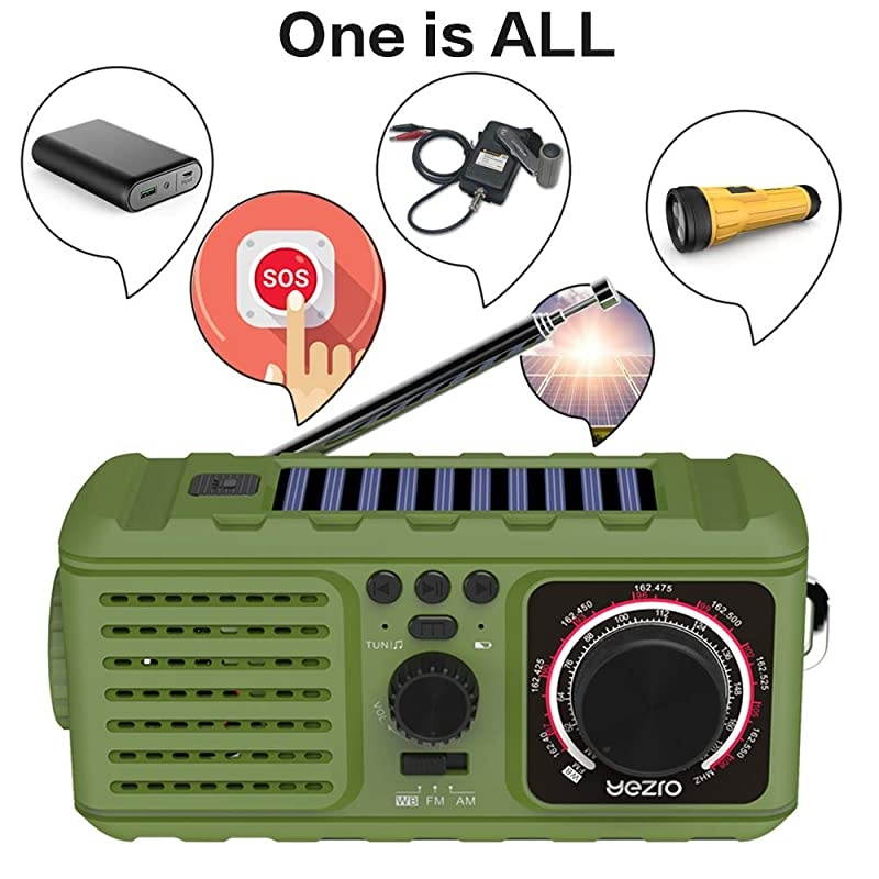 Radio - NOAA Weather Portable Radio with AM/FM 2200mAh Power Bank USB Charger LED Flashlights Solar Hand Crank and SOS Alarm &ndash; Survival Disaster Kit for Camping Hurricane Supplies - Green