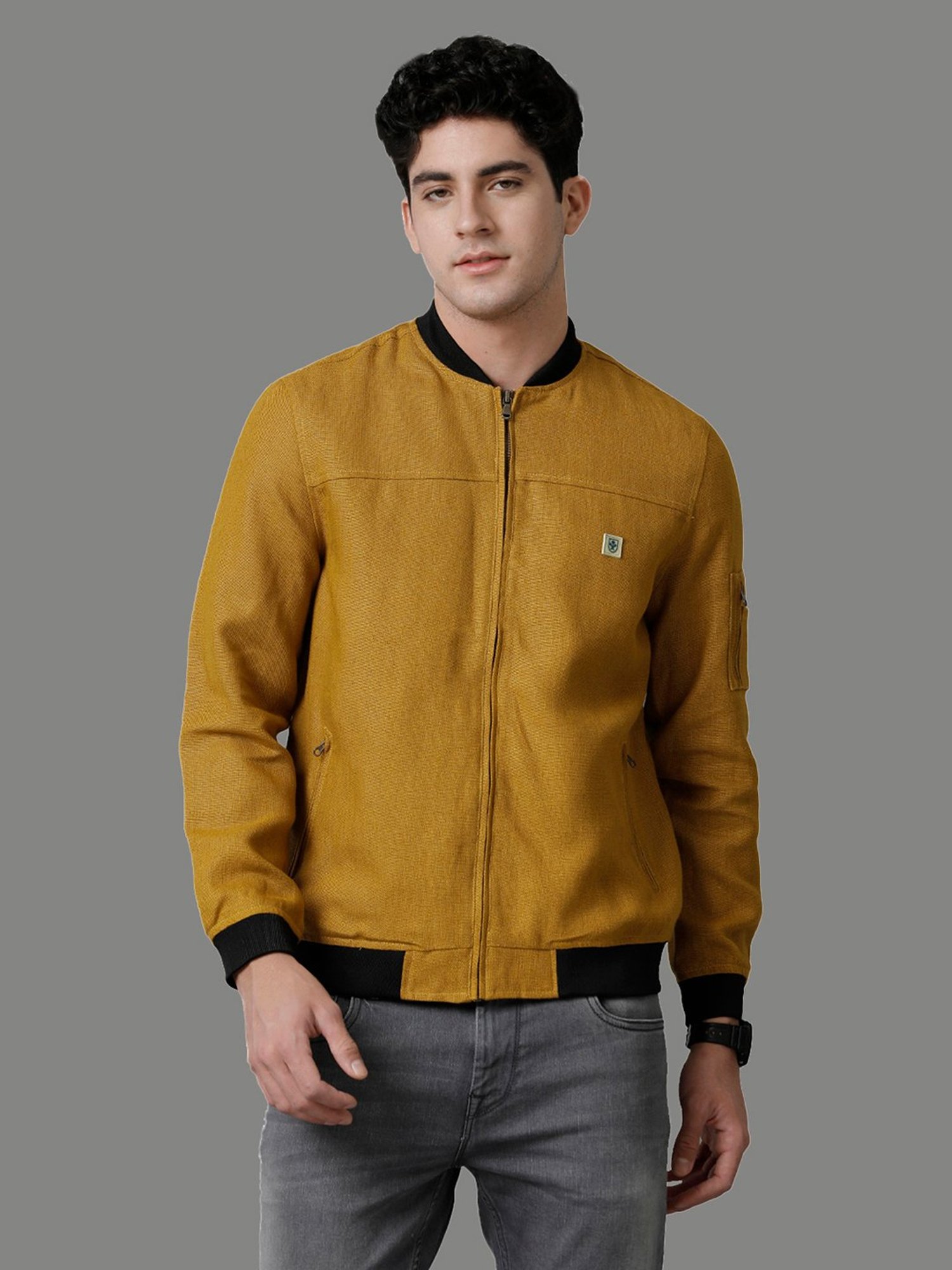 Linen Club Mustard Regular Fit Bomber Jacket