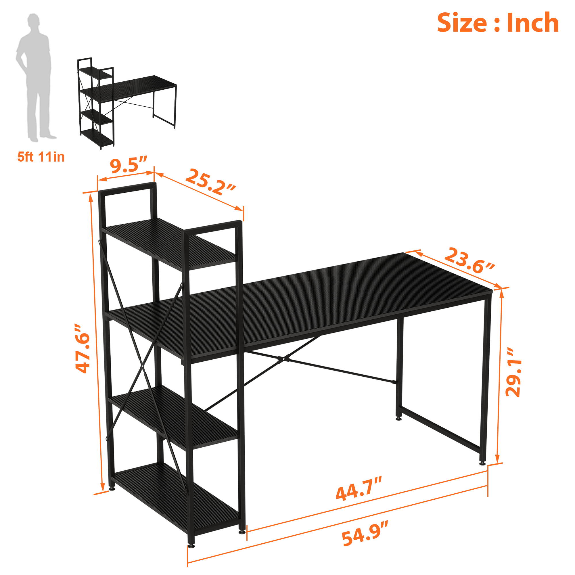Bestier 63 Inch Computer Desk with Storage Shelves, Modern Bookshelf Desk with Headphone Hook Large Workstation Writing Desk with Reversible Bookshelves Home Office Work Table Study Desk Grey