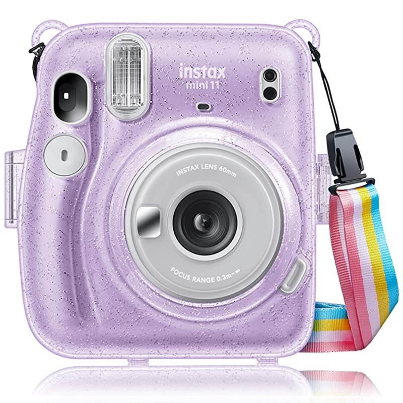 Protective Clear Case for Fujifilm Instax Mini 11 Instant Film Camera Crystal Hard PVC Cover with Removable Rainbow Shoulder Strap Shining Purple