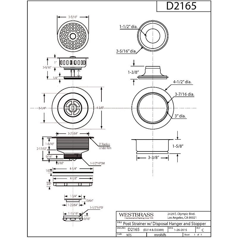 Westbrass 4 x D2165-62 Kitchen Garbage Waste Disposal Brass Sink Basket Strainer with Rubber Stopper for 3.5 Inch Drains, Matte Black (4 Pack)