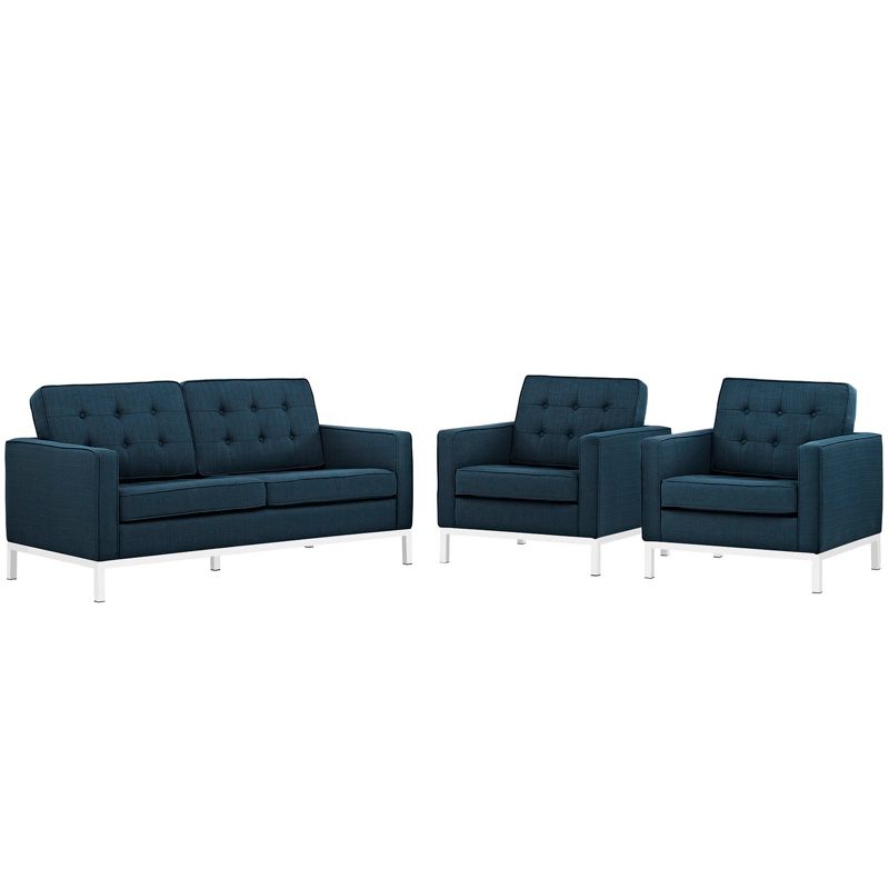 Set of 3 Love Seat, Accent Chairs Loft Living Room Set Upholstered Fabric Azure - Modway