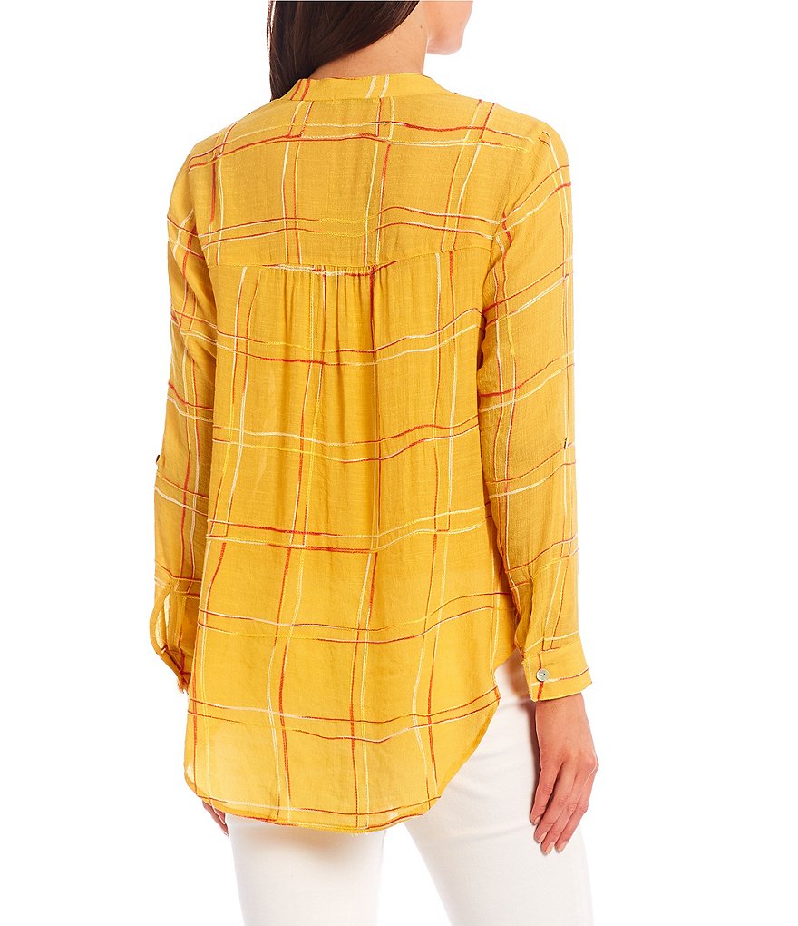 Figueroa & Flower Roxy Embroidered Plaid Roll-Tab Sleeve Button Down Tie-Front Top