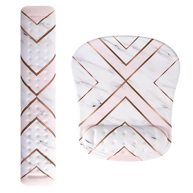 Keyboard Wrist Rest and Mouse Pad Wrist Support Set, Soft Memory Foam Filled Mouse Wrist with Massage Holes Design for Computer, Laptop, Mac, Gaming or Office Pain Relief, Gold Marble