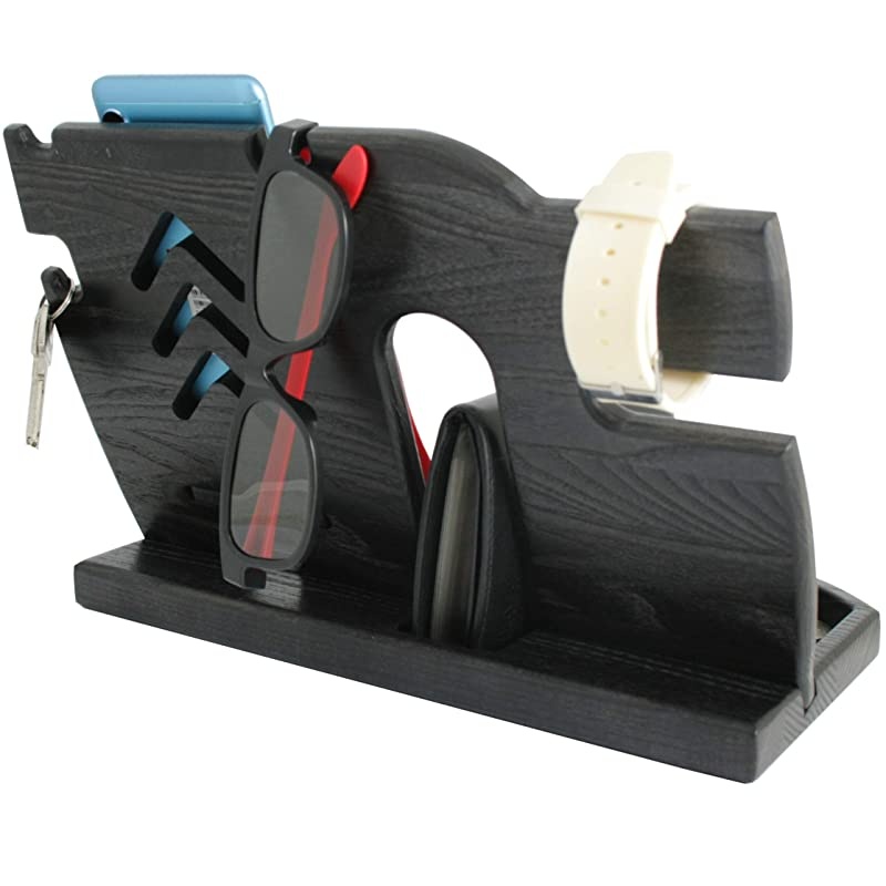 Wood Docking Station Tray Cell Phone Smartwatch Holder Men Charging Accessory Nightstand Father Mobile Base Gadget Organizer Dresser Wallet Storage Anniversary Birthday Graduation Gift