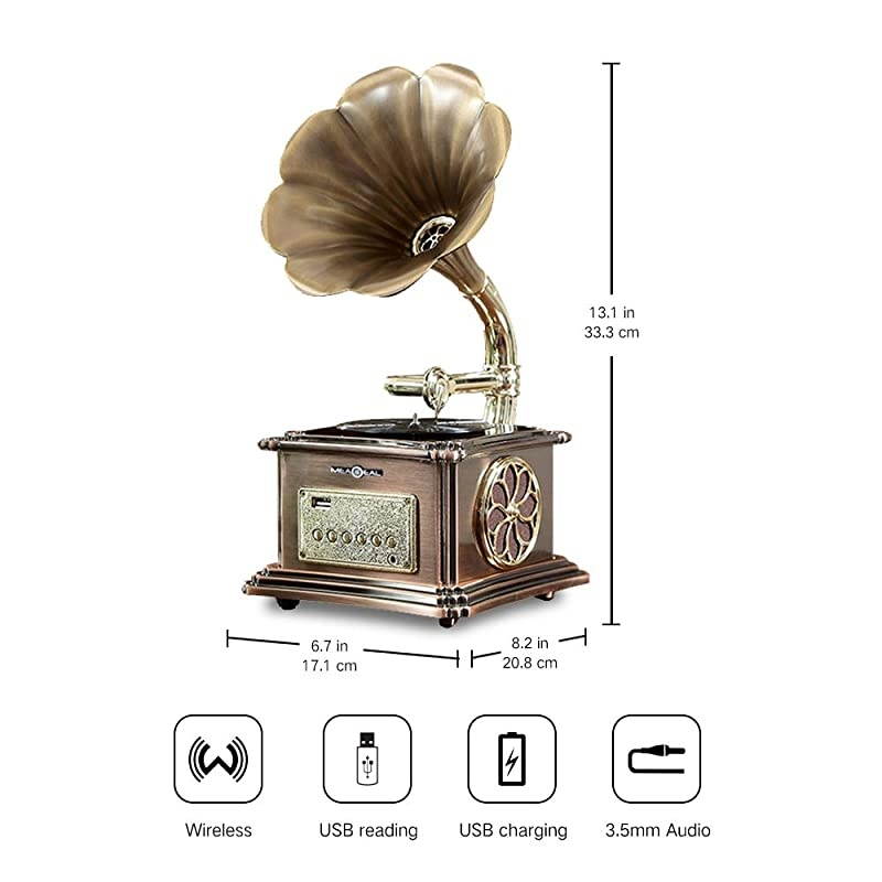 Bluetooth Speaker 40W Vintage Turntable Gramophone Shaped Speakers with AuxIn USB Port for Flash Drive Phonograph Style for Home Decoration