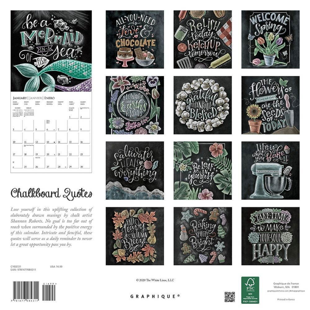 Graphique Chalkboard Quotes 2021 Wall Calendar, 16-Month 12"x12" w/ 3 Languages, 4-Month Preview, Marked Holidays
