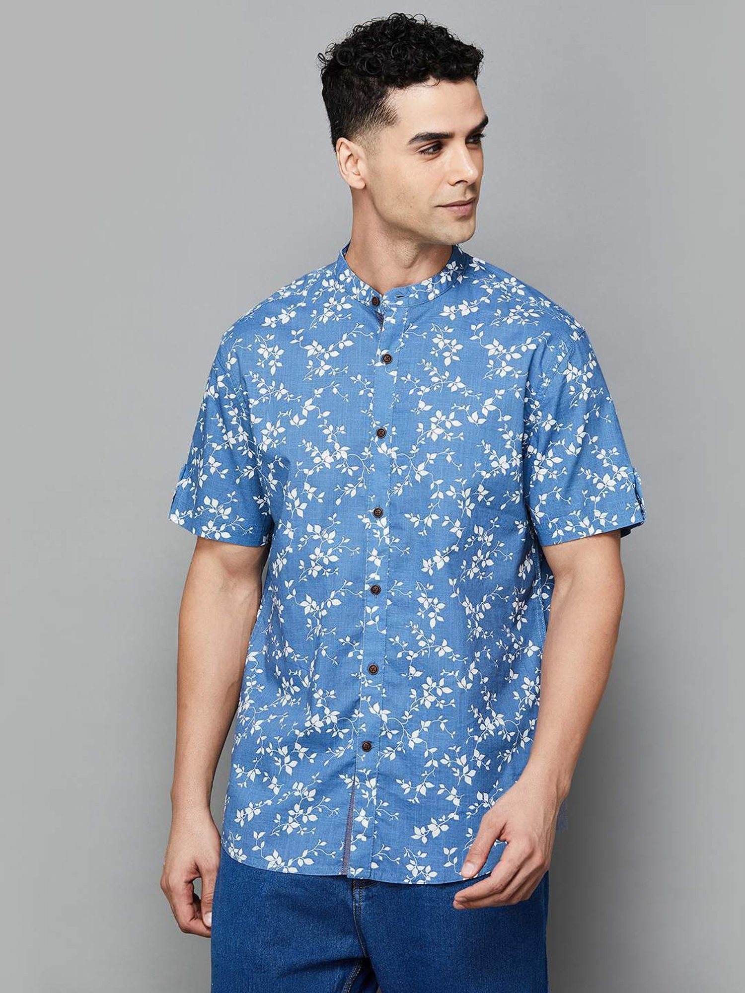 Melange By Lifestyle Blue Cotton Regular Fit Printed Shirt