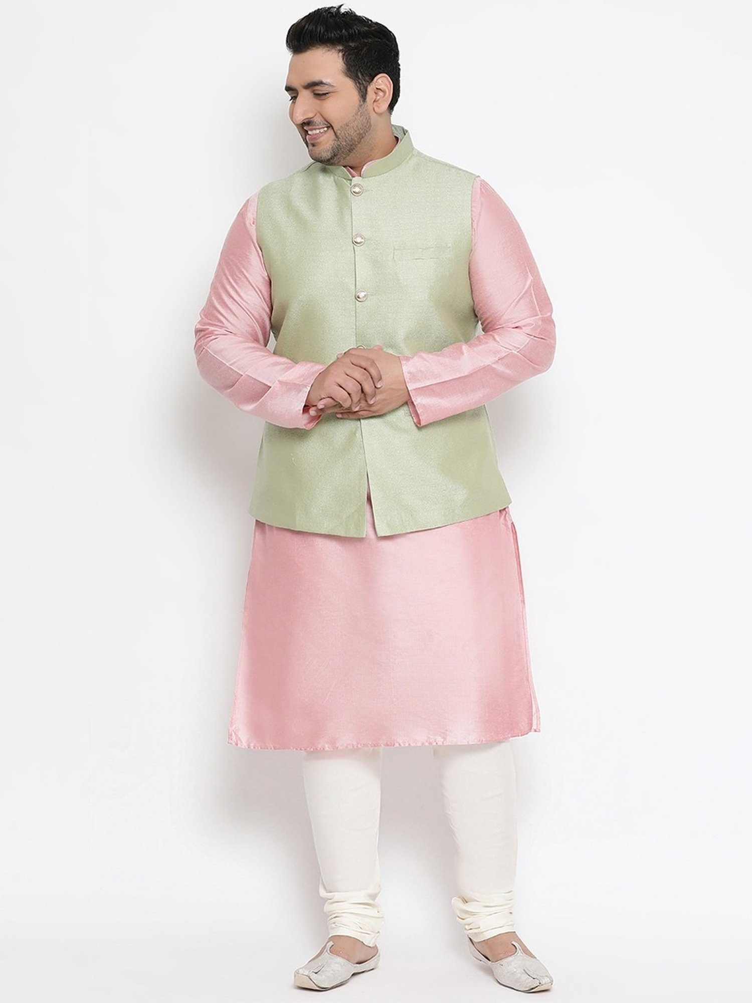 KISAH PLUS Green & Pink Regular Fit Printed Kurta Set With Jacket