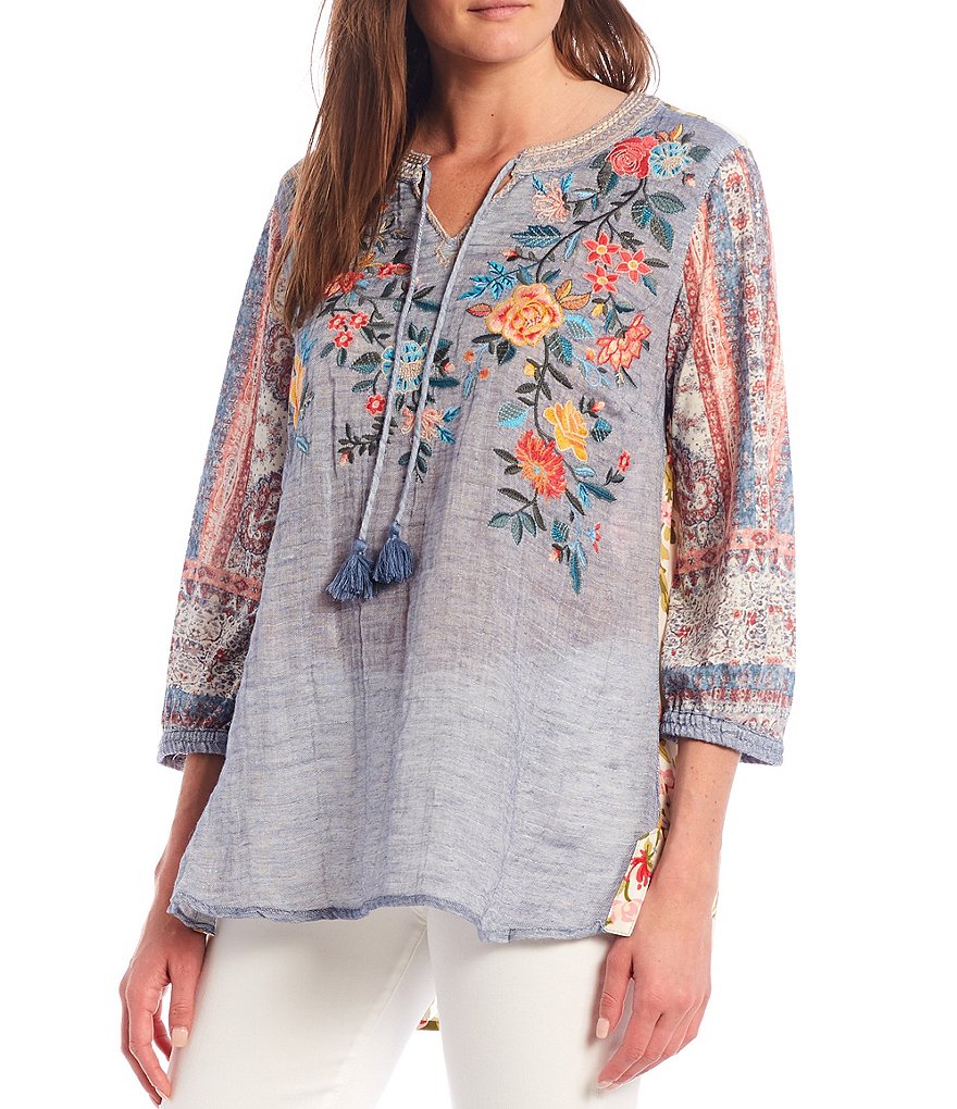 John Mark Embroidered Double Weave Gauze Tassel Tunic
