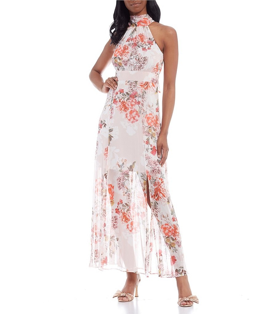 Eliza J Floral Chiffon Halter Sleeveless Midi Dress