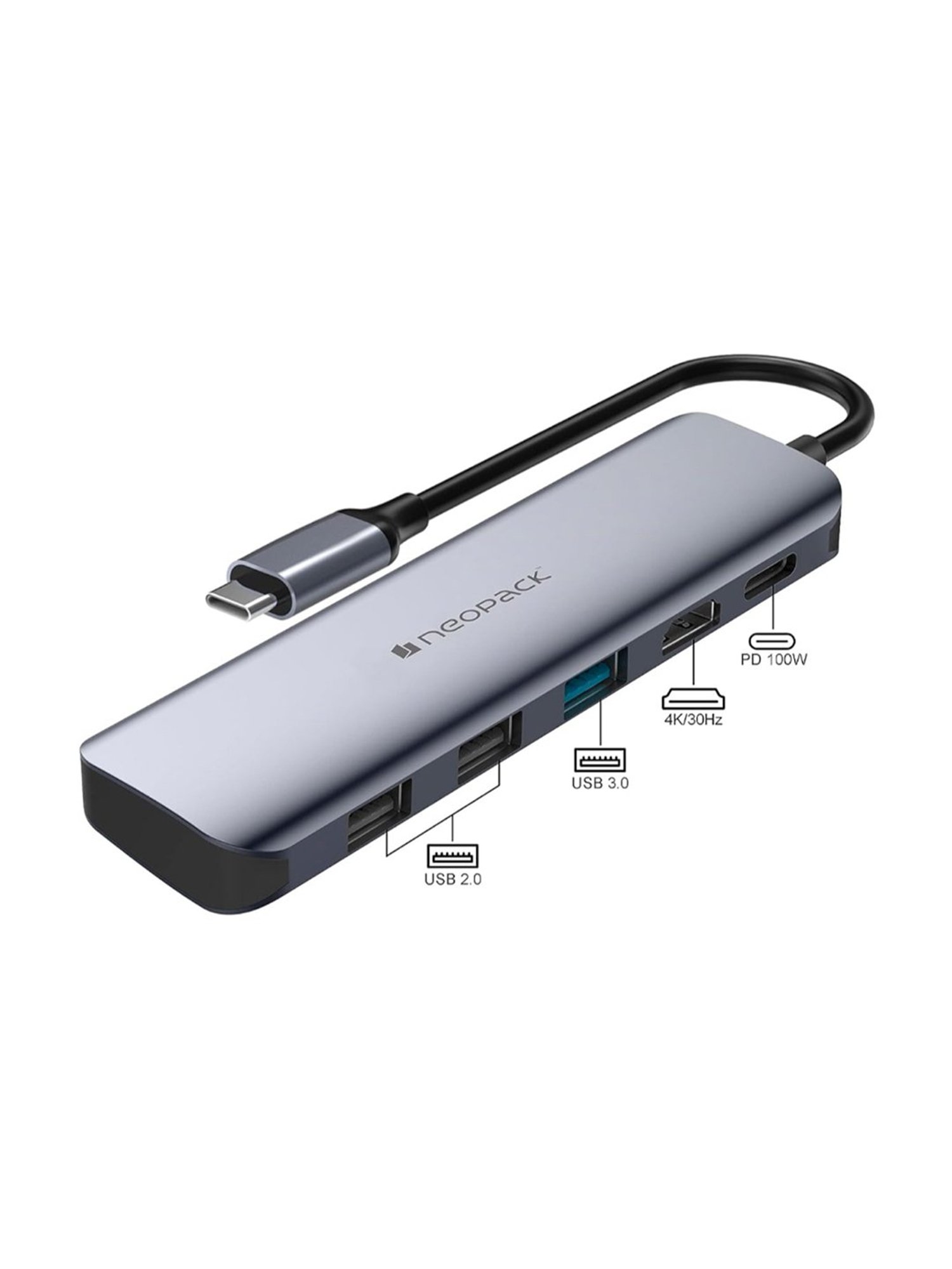 Neopack 5 in 1 USB C Hub Multiport Adapter with HDMI 4K 30Hz, USB 3.0 5Gbps Data Ports (Silver)