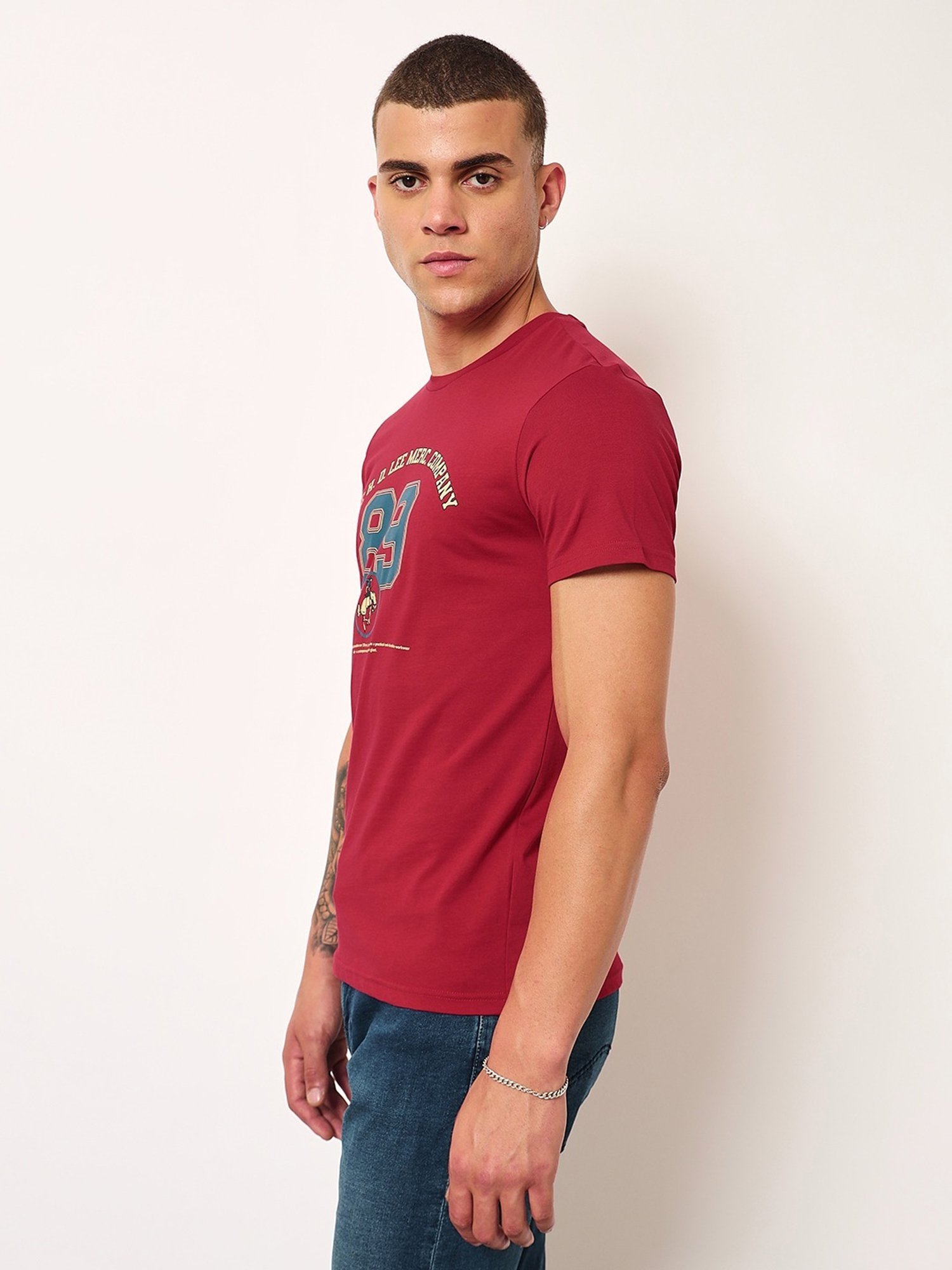 Lee Red Cotton Slim Fit Printed T-Shirt