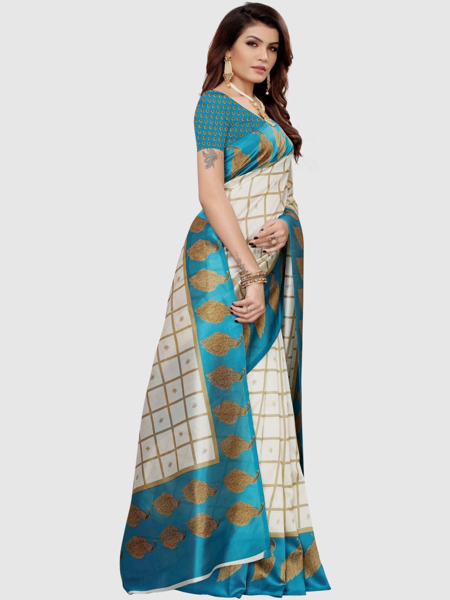 KSUT Off-White & Blue Printed Saree With Blouse