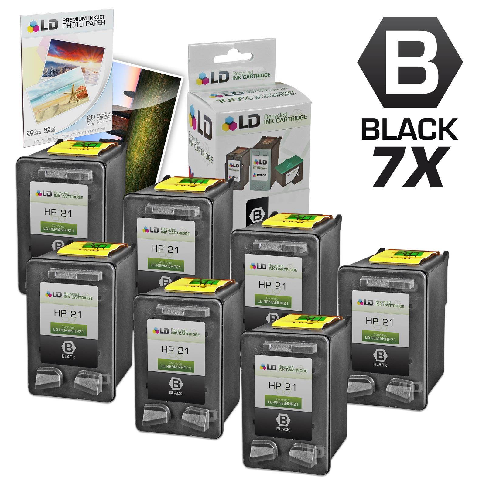 LD &copy; Remanufactured Replacement Ink Cartridges for Hewlett Packard C9351AN (HP 21) Black (7 Pack) + Free 20 Pack of Brand 4x6 Photo Paper