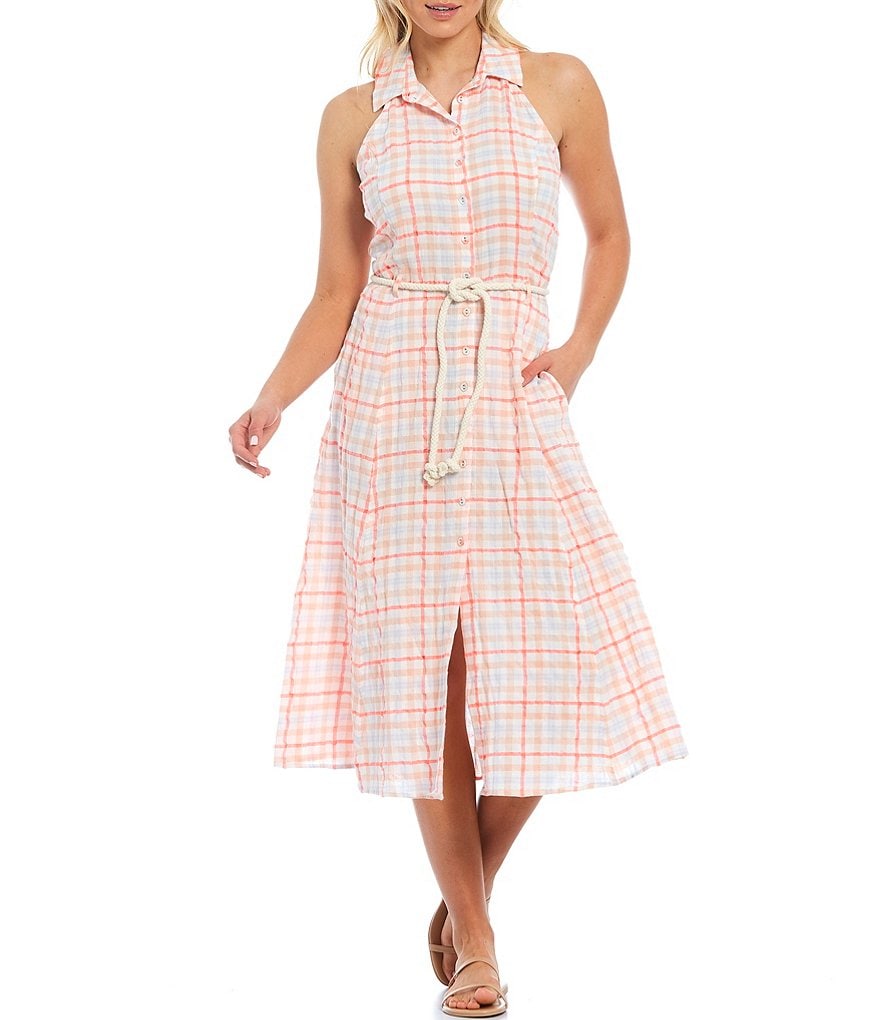 Ella Moss Christina Gingham Cut-Out Back Button Front Sleeveless Belted Midi Dress