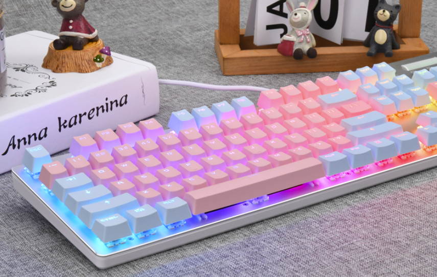 Ajazz AK35I  N-key Rollover Ergonomic Design,Cool Exterior USB Wired Blue Switch Mechanical  Gaming White  Backlit Keyboard For Office And Game, DIY PBT Keycaps - Cherry Blossom Version