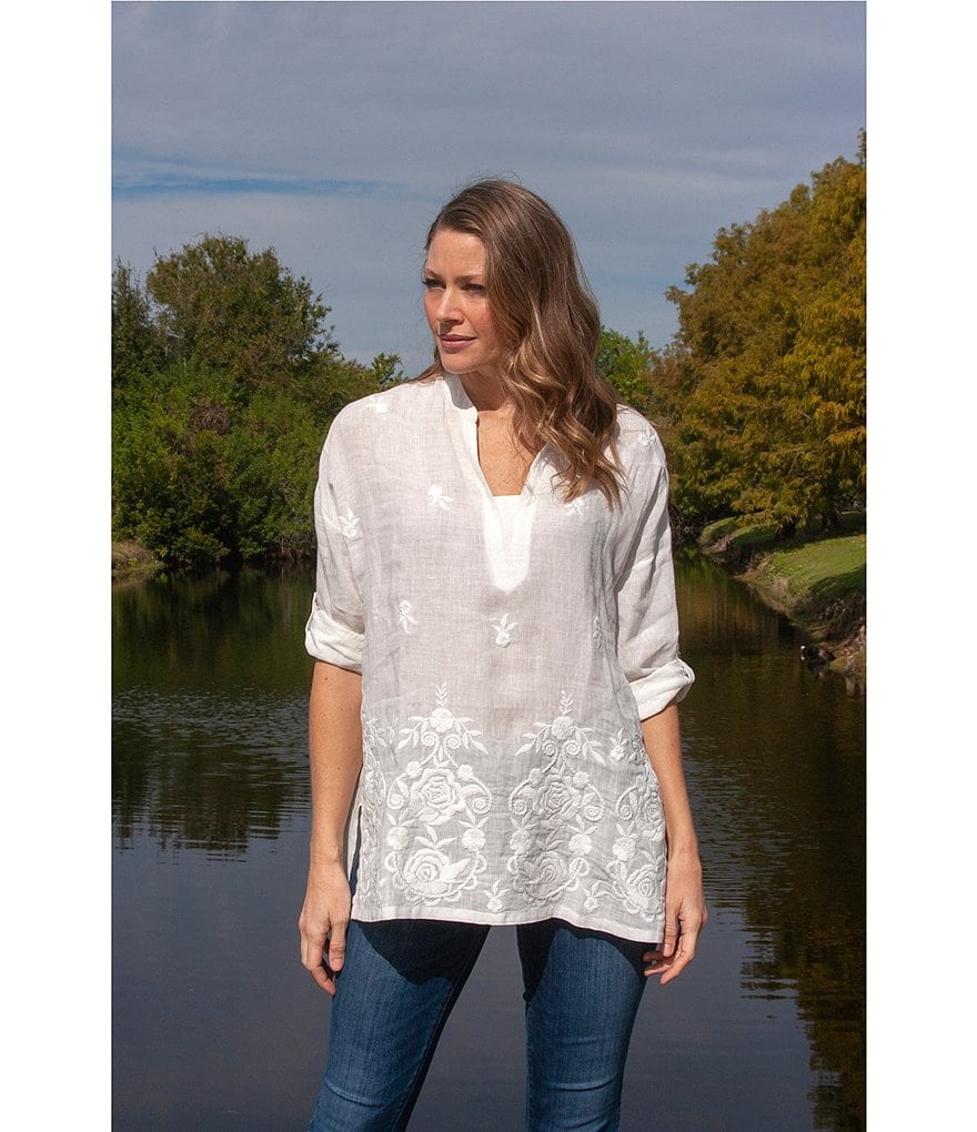 Karyn Seo Split V-Neck Linen 3/4 Sleeve Embroidered Tunic