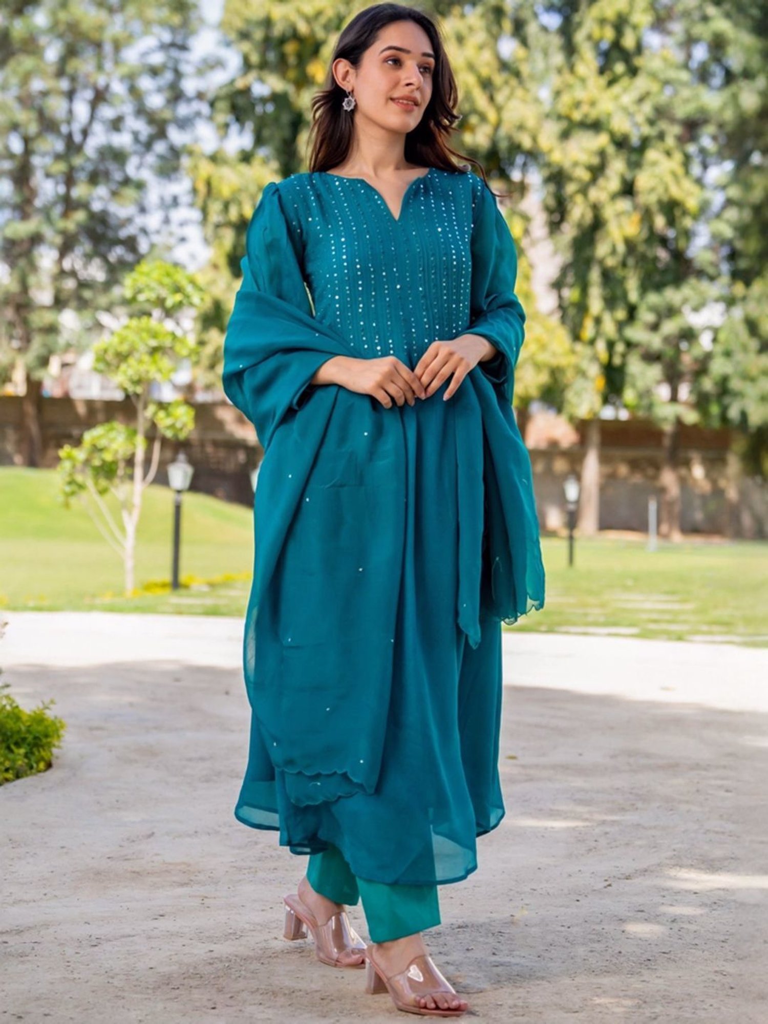 HOUSE OF JAMOTI Blue Embellished Kurta Pant Set With Dupatta