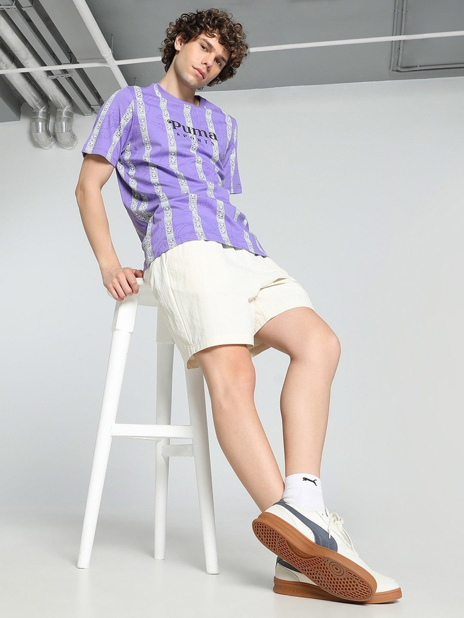Puma Purple Cotton Regular Fit Striped T-Shirt