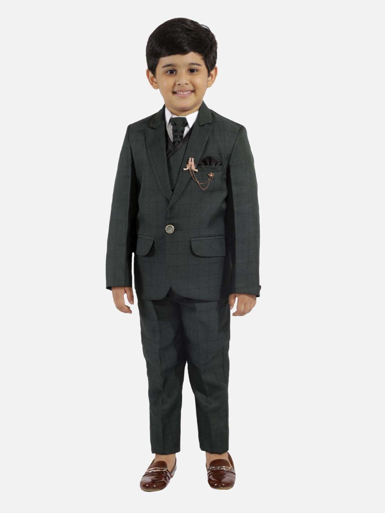Fourfolds Boys Green Checks Full Sleeves Suit Set