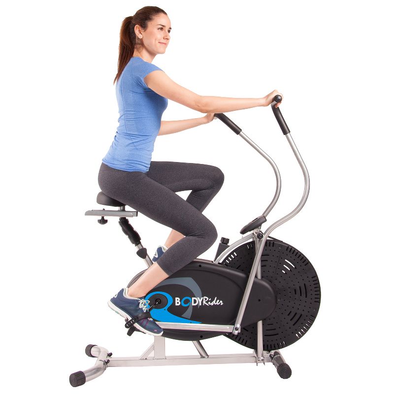 Body Flex Sports Body Rider BRF700 Stationary Full Body Cardio Exercise Upright Fan Bike with Dual Action Handlebars and Adjustable Seat